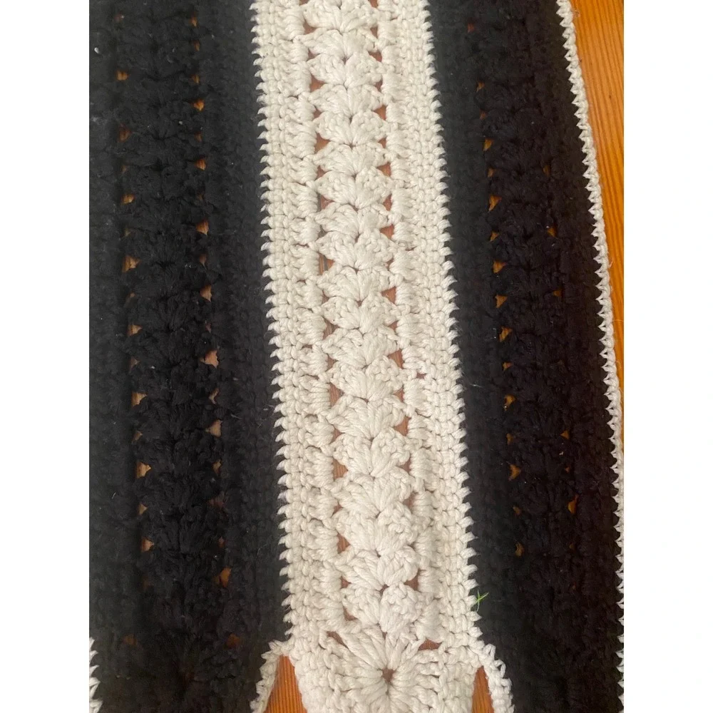 Handmade Crochet Blanket Black White Vertical Stripe Tassel Shell Stitch ThrowK